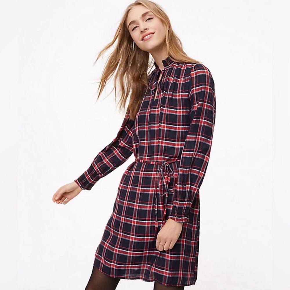 Loft Tie Neck Plaid Smocked Shirt Dress Belted Mini Women S Forever Navy Red